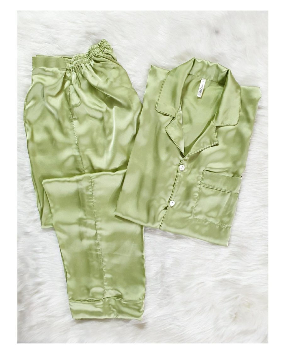 Solid Olive Green Satin Silk Loungewear